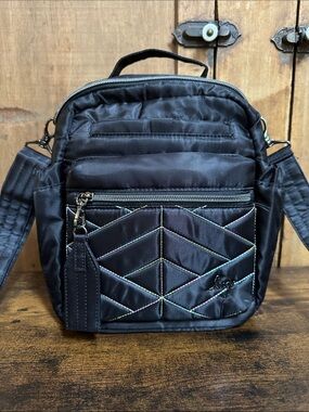 Lug Alpine - Medium Crossbody Bag with Detachable Strap. Black w/IcePop Stiching